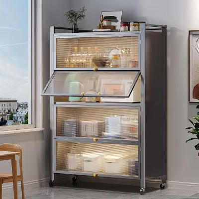 Modern Storage Cabinet With Glass Doors And Multiple Shelves Holding Organized Storage Containers Bottles 3d model