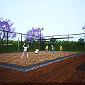 People Playing Beach Volleyball On Outdoor Sand Court With Net And Benches