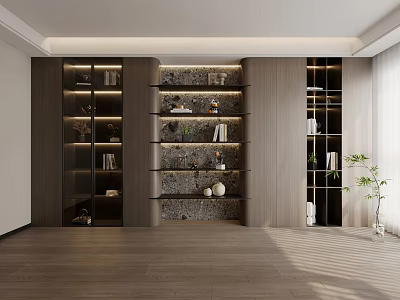 Modern Study Room Interior With Dark Bookshelves Glass Doors And Decorative Items 3d model