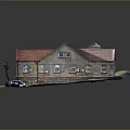 Small Stone Building With Red Roof And Parking Lot With Cars And Tree