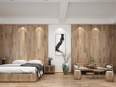 Modern Hotel Room Interior With Wooden Walls Comfortable Bed Sofa And Decorative Painting 3d model