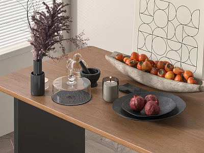 Fresh Persimmons and Pomegranates on Wooden Table with Geometric Wall Art Vase and Candle Holder 3d model