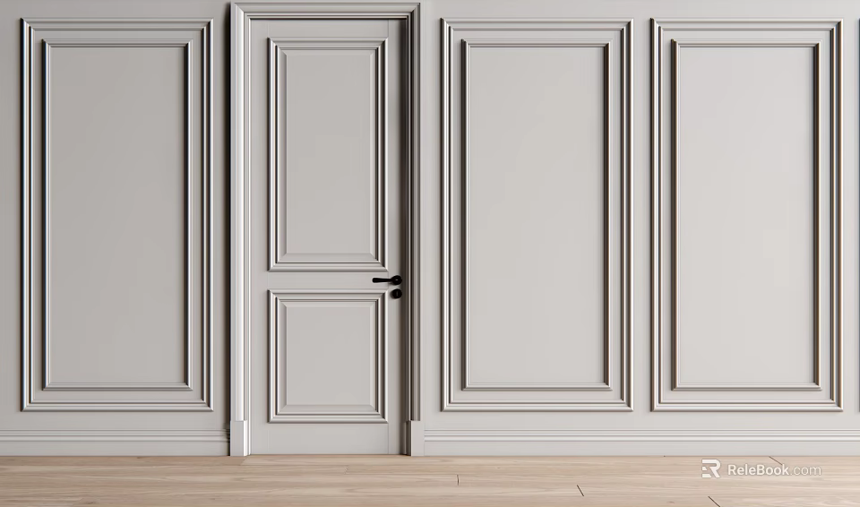 Minimalist Light Gray Paneled Bedroom Accent Wall With Door And Wood Floor 3d model 
