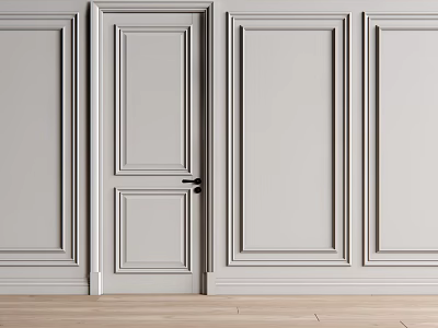 Minimalist Light Gray Paneled Bedroom Accent Wall With Door And Wood Floor 3d model