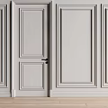 Minimalist Light Gray Paneled Bedroom Accent Wall With Door And Wood Floor