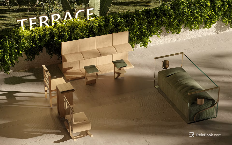 Modern Villa Terrace Outdoor Living Space With Wooden Seating Greenery And Glass Railing 3d model 