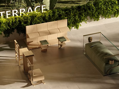 Modern Villa Terrace Outdoor Living Space With Wooden Seating Greenery And Glass Railing 3d model