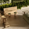 Modern Villa Terrace Outdoor Living Space With Wooden Seating Greenery And Glass Railing