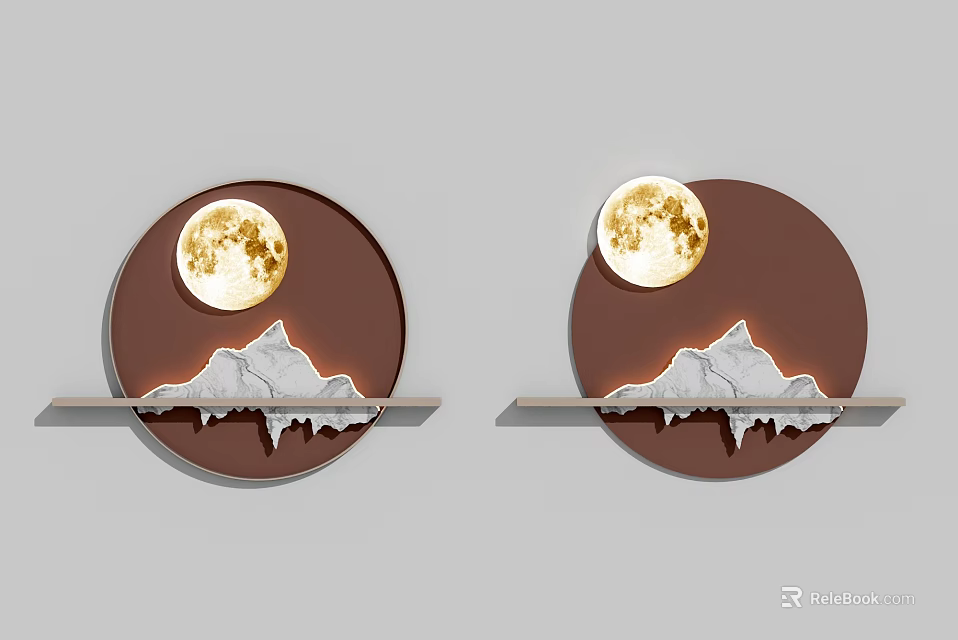 Circular Wall Decor with Brown Background Full Moon and Mountain Design Shelf 3d model