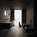 Sleek Dark Concrete Bathroom Interior Featuring Floating Sink And Cute Dog By Frosted Glass Door