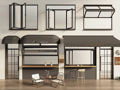 Various Window Types And Modern Storefront With Awnings Cozy Seating And Furniture 3d model