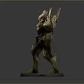 Detailed Dark Armor Statue With Golden Wings And Horns On Round Base