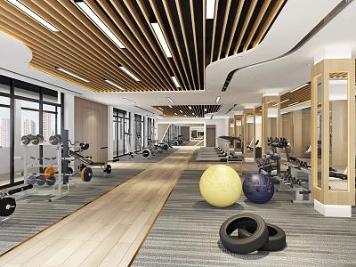 Spacious Modern Gym Interior Featuring Fitness Equipment Exercise Balls Dumbbells And Training Tires 3d model