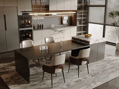 Modern Restaurant Interior With Dark Dining Table Beige Chairs Warm Lighting And Open Kitchen 3d model