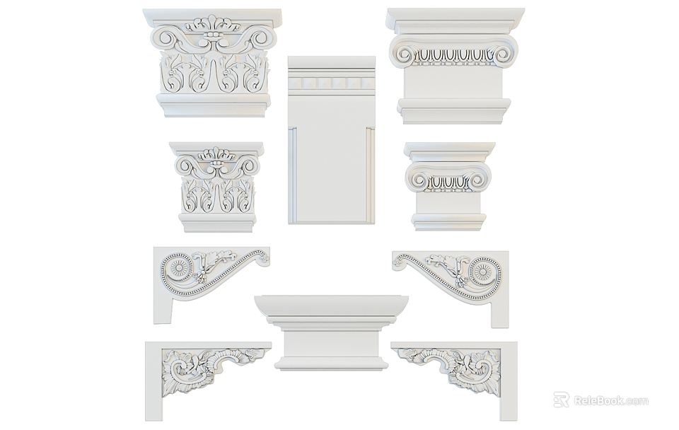 Ornate Column Capitals With Various Decorative Patterns And Architectural Details 3d model 