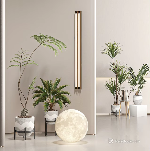 Indoor Fern And Palm Potted Plants In White Textured Pots For Minimalist Home Decor 3d model 