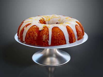 Delicious Round Bundt Cake With White Icing Drizzle On Silver Stand Against Dark Background 3d model