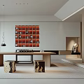 Modern Zen Tea Room With Long Table And Artistic Decor 3d model