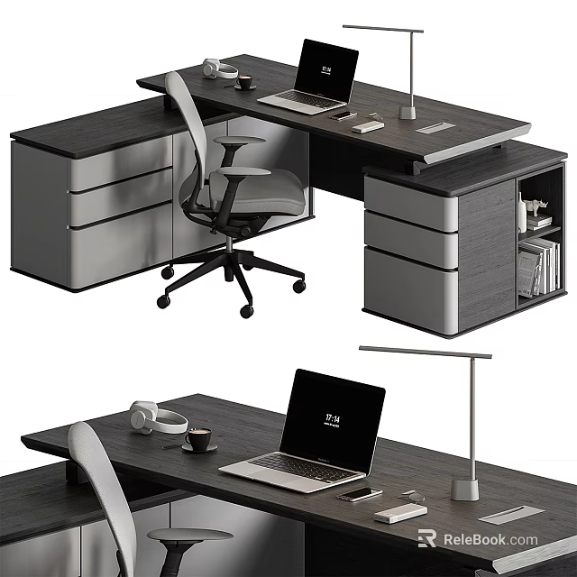 Modern Office Desk With Laptop Desk Lamp Ergonomic Chair Storage Drawers And Shelves 3d model 