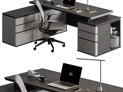 Modern Office Desk With Laptop Desk Lamp Ergonomic Chair Storage Drawers And Shelves 3d model