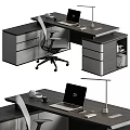 Modern Office Desk With Laptop Desk Lamp Ergonomic Chair Storage Drawers And Shelves