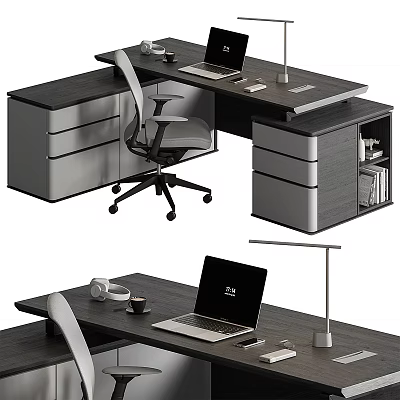 Modern Office Desk With Laptop Desk Lamp Ergonomic Chair Storage Drawers And Shelves 3d model