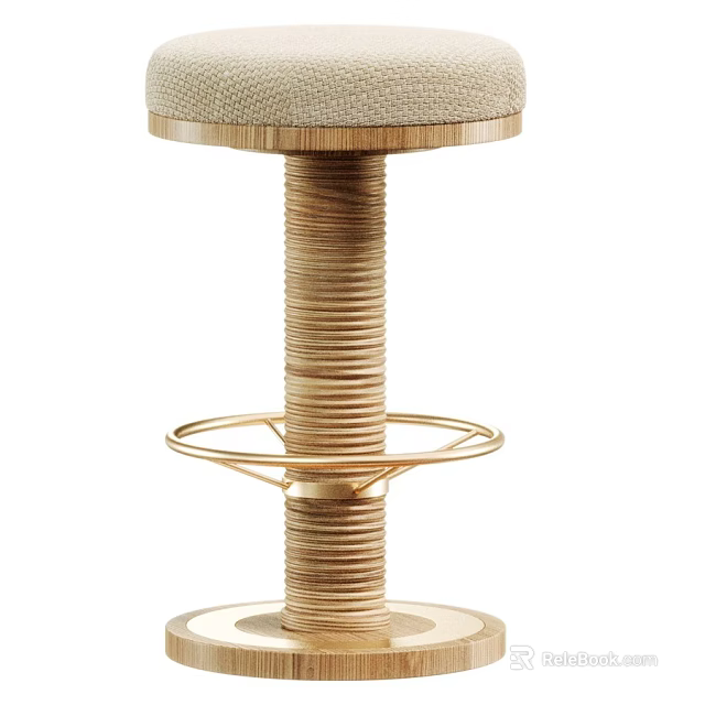 Natural Wooden Bar Stool With Woven Structure And Fabric Seat Design 3d model 