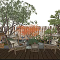 Waterside Landscape With Wooden Deck Rocking Chairs Coffee Table Green Plants And Sunset Sky