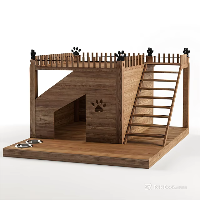Wooden Dog House With Ladder Fence Paw Prints And Bowls 3d model 