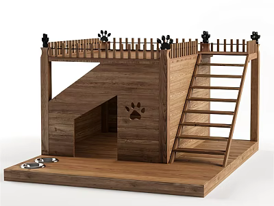 Wooden Dog House With Ladder Fence Paw Prints And Bowls 3d model