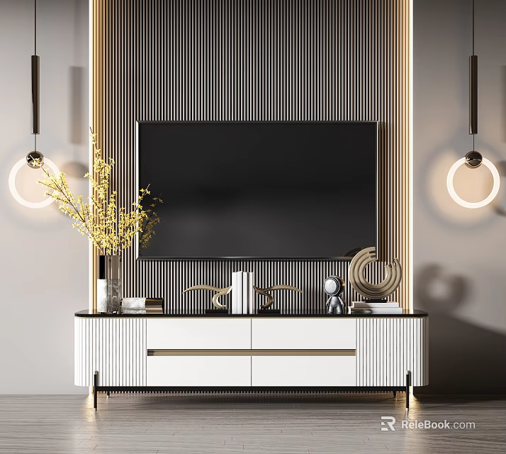 Modern White TV Stand With Mounted TV Decorative Vase Books And Ornaments Against Striped Wall 3d model 