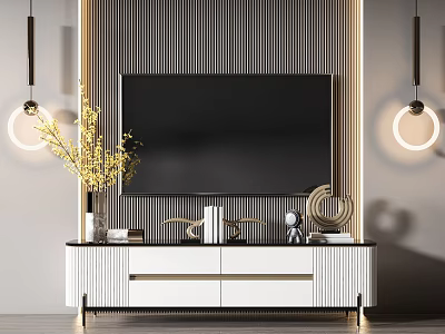 Modern White TV Stand With Mounted TV Decorative Vase Books And Ornaments Against Striped Wall 3d model