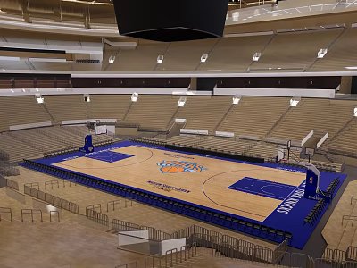 Spacious Basketball Arena Interior With Wooden Court Blue Design And Seating Sections 3d model