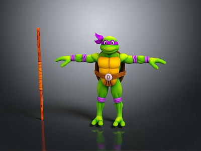 Ninja Turtle Character With Green Body Yellow Shell Purple Headband White Emblem And Orange Staff 3d model