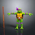 Ninja Turtle Character With Green Body Yellow Shell Purple Headband White Emblem And Orange Staff