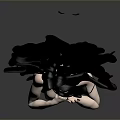Woman With Long Black Curly Hair In Black Lace Lingerie Kneeling On Gray Background