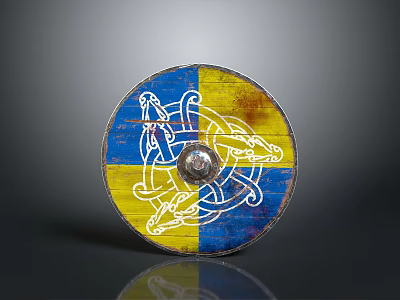 Vintage Norse Style Round Shield Weapon With Blue Yellow Sections And Dragon Motifs 3d model