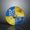 Vintage Norse Style Round Shield Weapon With Blue Yellow Sections And Dragon Motifs