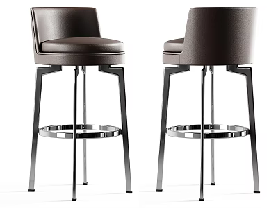 Modern Brown Leather Bar Stools with Sleek Metal Frame and Swivel Footrest 3d model
