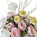 Elegant Flower Arrangement in Vase with Pink White and Yellow Blooms and Greenery