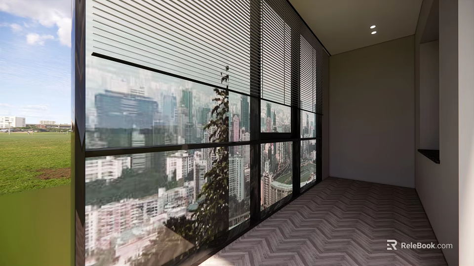 Interior Space With Floor-to-Ceiling Windows City View Blinds And Herringbone Floor 3d model