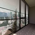 Interior Space With Floor-to-Ceiling Windows City View Blinds And Herringbone Floor 3d model