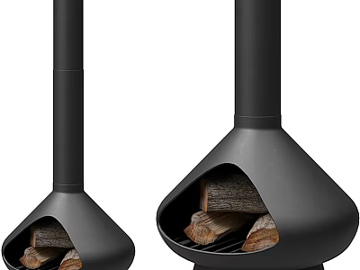 Two Modern Black Fireplaces With Wood Logs And Sleek Metal Structure 3d model