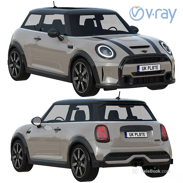 Stylish Light Gray Mini Cooper Three Door Car With Black Roof And Round Headlights 3d model 