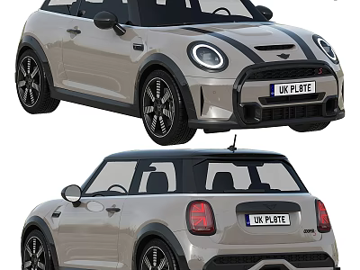 Stylish Light Gray Mini Cooper Three Door Car With Black Roof And Round Headlights 3d model