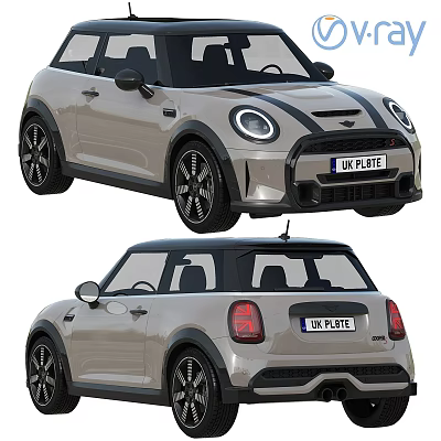 Stylish Light Gray Mini Cooper Three Door Car With Black Roof And Round Headlights 3d model