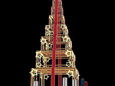 Decorative Multi Layer Tower Structure With Golden Frame Red Stripes And Star Ornaments 3d model