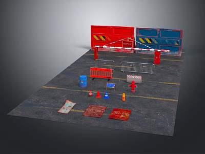 Road Construction Safety Components With Red Blue Gates Barriers Fire Hydrants Cones And Signs 3d model