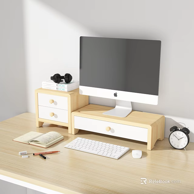 Decorative Ornament Set with Alarm Clock Dumbbells Notebook Pencils and Books on Wooden Office Desk 3d model 