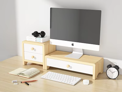 Decorative Ornament Set with Alarm Clock Dumbbells Notebook Pencils and Books on Wooden Office Desk 3d model